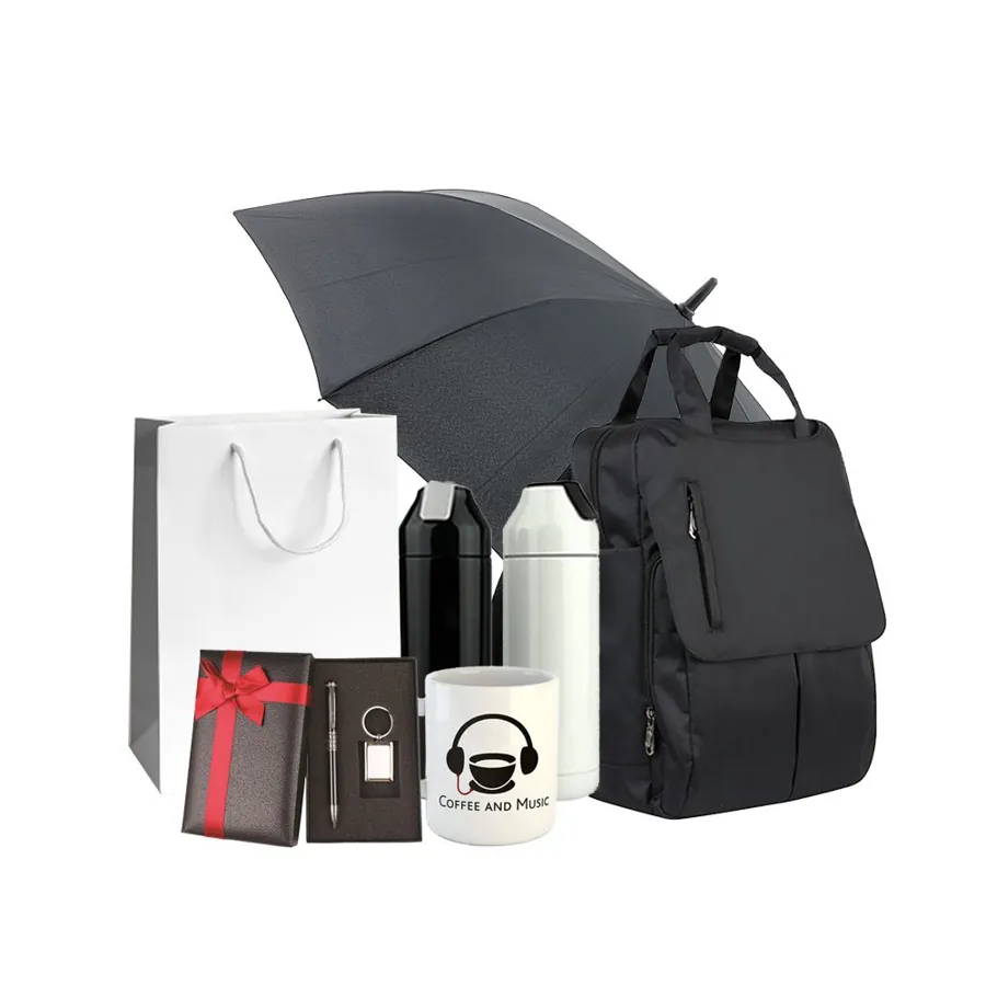 Corporate gift set with umbrella, bag and tumbler